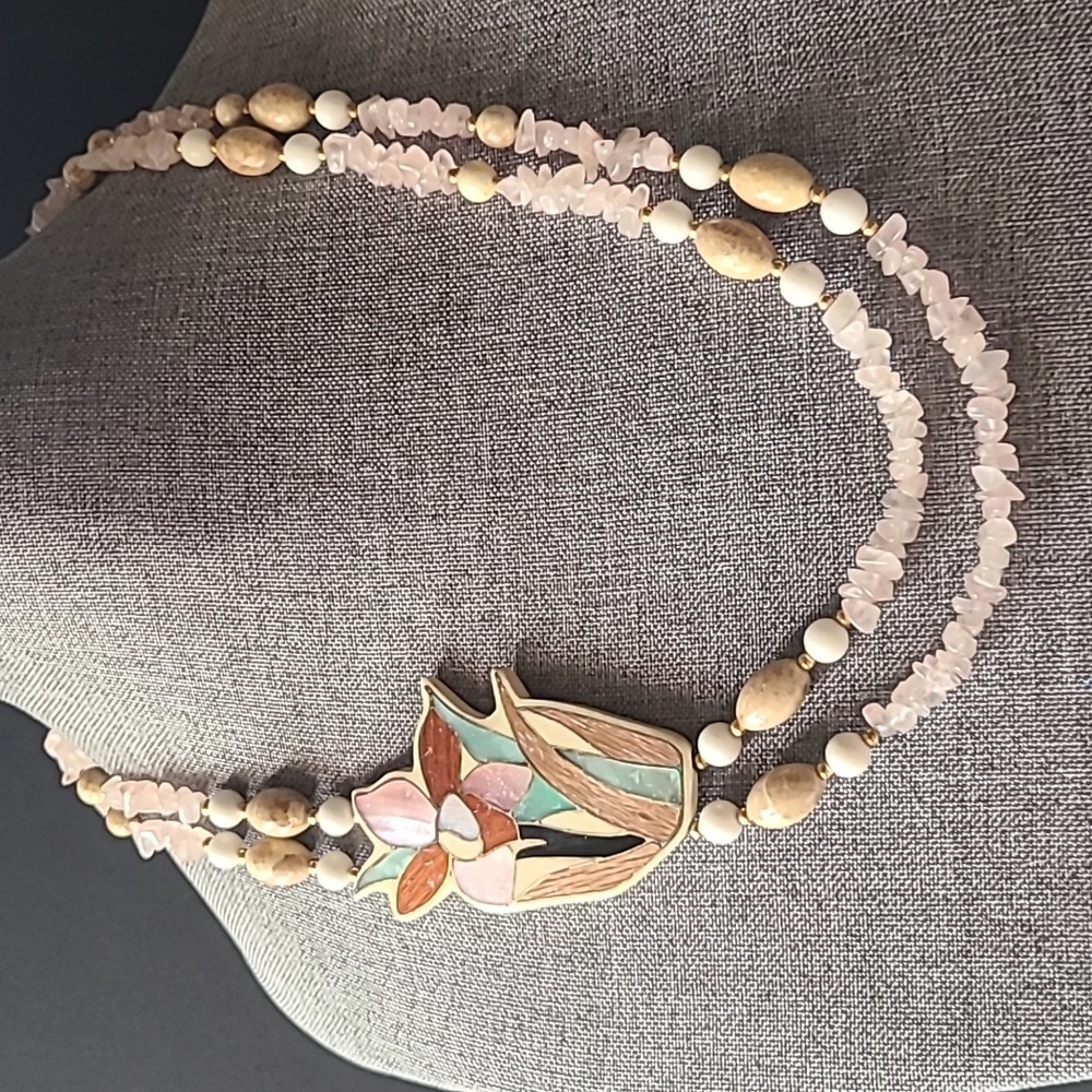 Vintage Rose Quartz Inlay Mother Of Pearl Flower Serpentine Necklace 24"
